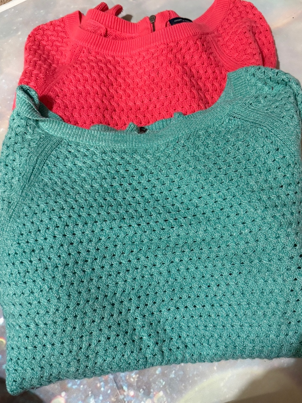 BundleAmerican Eagle Outfitters Textured Crewneck Sweaters - Coral & Teal  Small